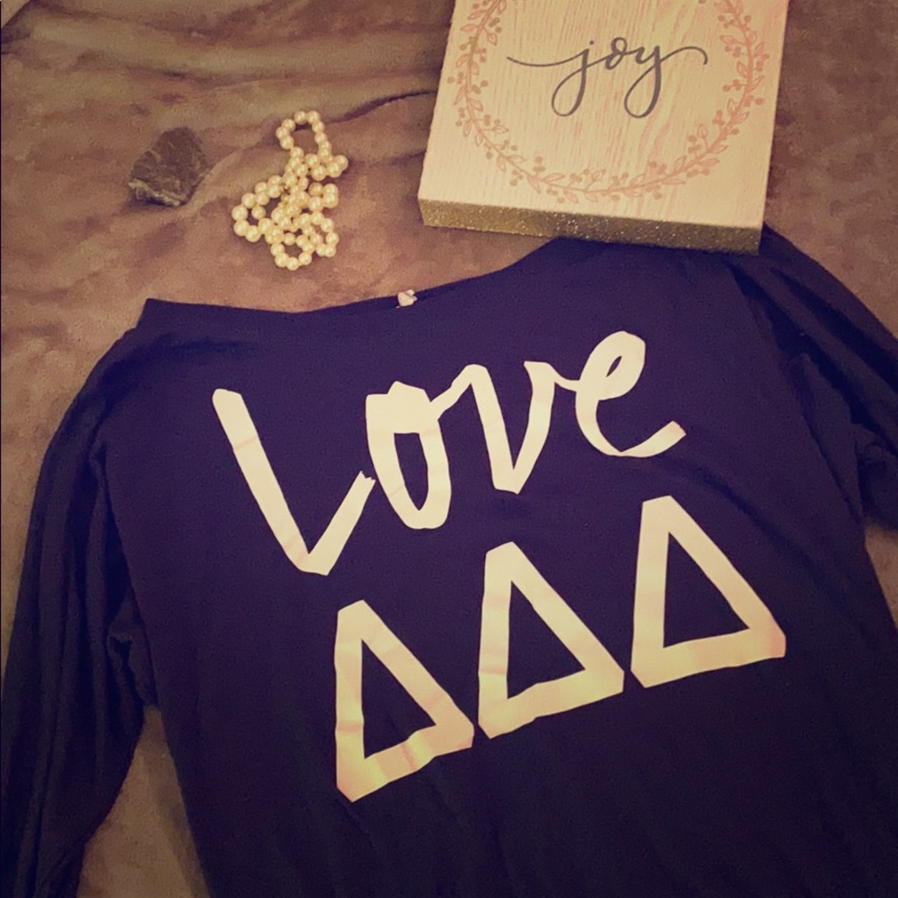Off the shoulder tri delta sorority shirt